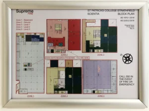 Supreme Fire Solutions diagram of the block plan of the building on a wall, showing the different zones.